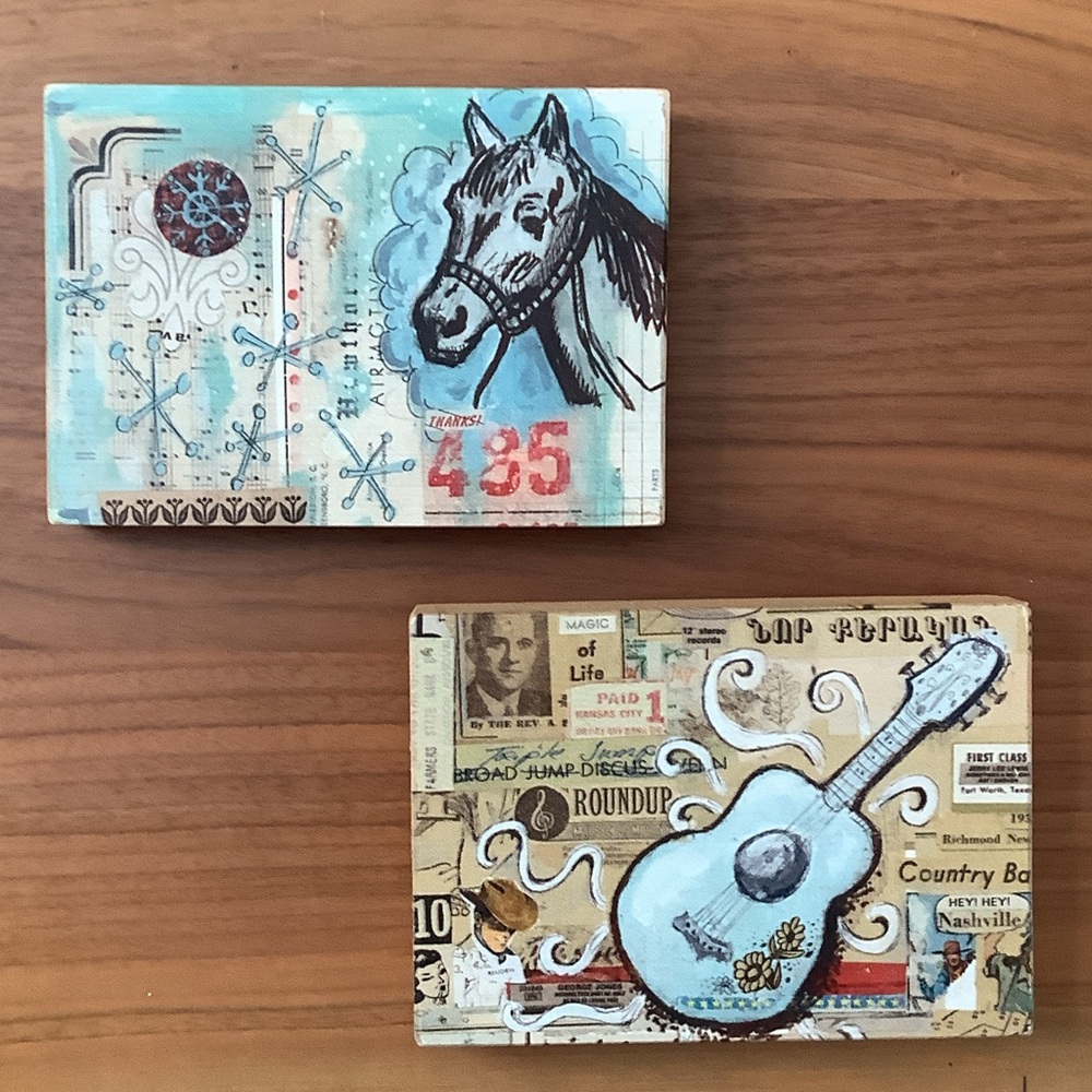 Rustic Horse and Guitar Art Set in Blue and Brown